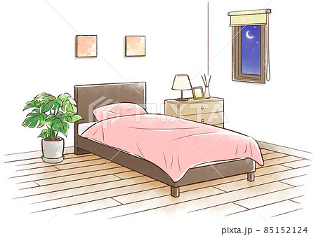 寝室 夜 ピンク色のベッドのイラスト素材