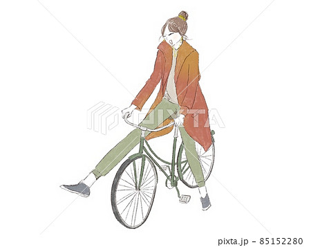 楽しそうに笑顔で自転車に乗るオシャレな女性のイラスト素材