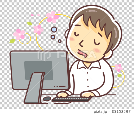 仕事中にパソコンをしながら居眠りする会社員男性のイラスト（春 春眠 PC デスク 寝る  眠い） 85152397
