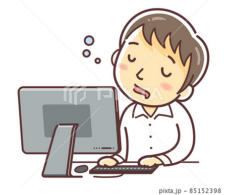 仕事中にパソコンをしながら居眠りする会社員男性のイラスト Pc デスク 寝る 眠い のイラスト素材