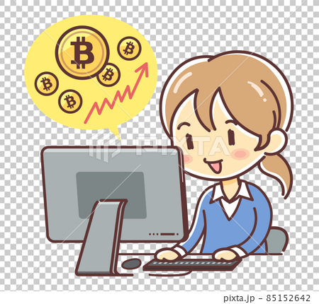 パソコンでビットコインをしている女性のイラスト（仮想通貨・PCを見る・始める） 85152642