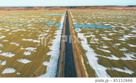 Aerial View Of Early Spring With Puddles Of Water In Fields. Top View Of Beautiful European Nature From High Attitude In Spring Season. Drone View. Bird's Eye View. late winter 85152666