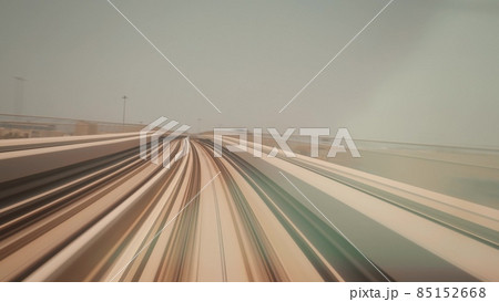 , Metro In Dubai, United Arab Emirates. FPV POV At Fast Speed Drive Motion. Tunnel. driverless metro in blurred motion. futuristic city skyline in UAE 85152668