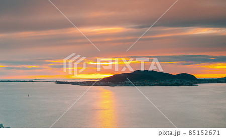 Alesund, Norway. Amazing Natural Bright Dramatic Sky In Warm Colours Above Alesund Valderoya And Islands In Sunset Time. Colorful Sky Background. Beauty In Norwegian Nature. 85152671