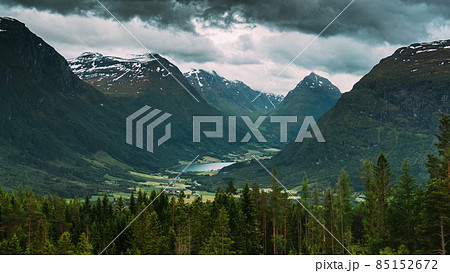 Byrkjelo Village, Sogn Og Fjordane County, Norway. Beautiful Sky Above Norwegian Rural Landscape. Bergheimsvatnet Lake In Summer Day. Agricultural And Weather Forecast Concept. Time- 4k 85152672