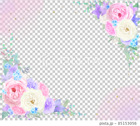 Beautiful white and pink roses and blue star and purple flowers invitation watercolor style romantic vector frame Beautiful white and pink roses and blue star and purple flowers invitation watercolor style romantic vector frame 85153056