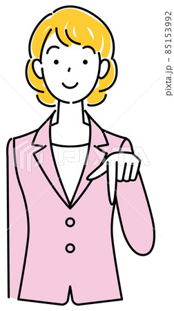 笑顔で下の方向を指で指しているスーツ姿の可愛い女性 ビジネスパーソン イラスト ベクターのイラスト素材