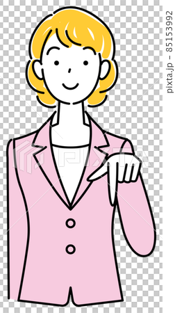 笑顔で下の方向を指で指しているスーツ姿の可愛い女性 ビジネスパーソン イラスト ベクターのイラスト素材