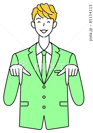 笑顔で下の方向を指で指しているスーツ姿の可愛い男性 ビジネスパーソン イラスト ベクターのイラスト素材