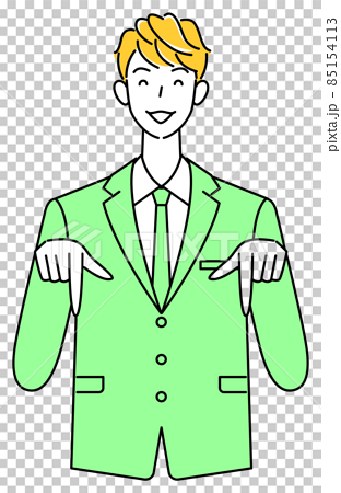 笑顔で下の方向を指で指しているスーツ姿の可愛い男性 ビジネスパーソン イラスト ベクターのイラスト素材