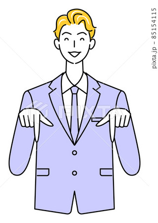 笑顔で下の方向を指で指しているスーツ姿の可愛い男性 ビジネスパーソン イラスト ベクター 85154115