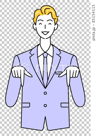 笑顔で下の方向を指で指しているスーツ姿の可愛い男性 ビジネスパーソン イラスト ベクター 85154115