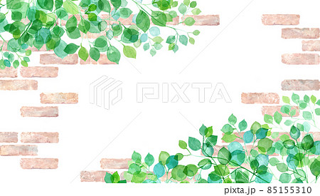 ナチュラルなレンガの壁を背景にした新緑の水彩イラスト 春のボタニカル装飾フレーム 背景 壁紙 のイラスト素材