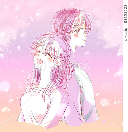 桜吹雪の中の幸せそうなカップルのイラスト素材