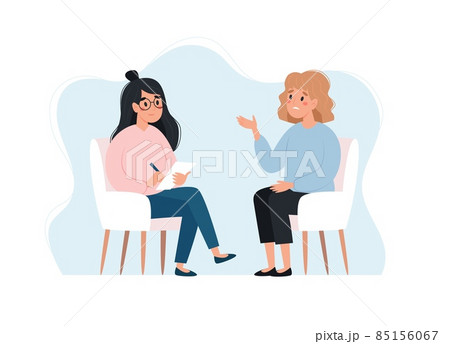 Psychotherapy session - woman talking to psychologist. Mental health concept, vector illustration in flat style Psychotherapy session - woman talking to psychologist. Mental health concept, vector illustration in flat style 85156067