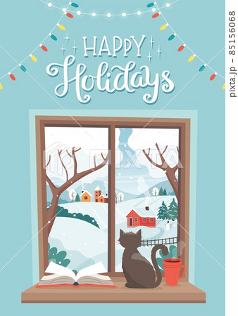 Winter window - a cat sitting on the sill with winter landscape and lettering. Cute cozy vector illustration in flat style Winter window - a cat sitting on the sill with winter landscape and lettering. Cute cozy vector illustration in flat style 85156068