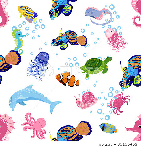 Marine life, fish, animals bright seamless pattern. sea travel, underwater diving animal tropical fish. Jellyfish, whale, shark, seahorse, clown fish, dolphin, turtle emperor fish octopus stingray 85156469