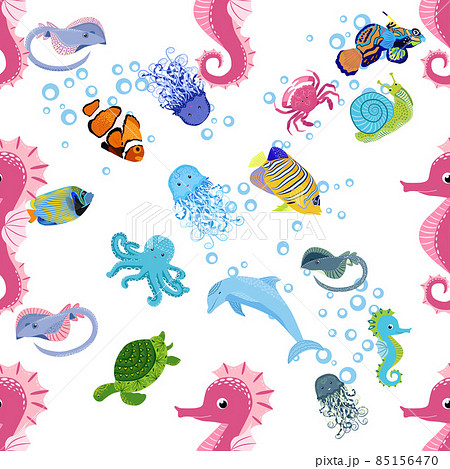 Marine life, fish, animals bright seamless pattern. sea travel, underwater diving animal tropical fish. Jellyfish, whale, shark, seahorse, clown fish, dolphin, turtle emperor fish octopus stingray 85156470