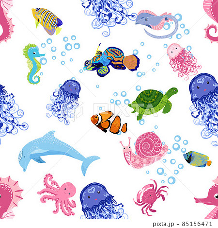 Marine life, fish, animals bright seamless pattern. sea travel, underwater diving animal tropical fish. Jellyfish, whale, shark, seahorse, clown fish, dolphin, turtle emperor fish octopus stingray Marine life, fish, animals bright seamless pattern. sea travel, underwater diving animal tropical fish. Jellyfish, whale, shark, seahorse, clown fish, dolphin, turtle emperor fish octopus stingray 85156471