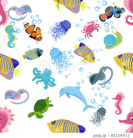 Marine life, fish, animals bright seamless pattern. sea travel, underwater diving animal tropical fish. Jellyfish, whale, shark, seahorse, clown fish, dolphin, turtle emperor fish octopus stingray Marine life, fish, animals bright seamless pattern. sea travel, underwater diving animal tropical fish. Jellyfish, whale, shark, seahorse, clown fish, dolphin, turtle emperor fish octopus stingray 85156472