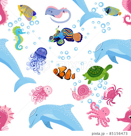 Marine life, fish, animals bright seamless pattern. sea travel, underwater diving animal tropical fish. Jellyfish, whale, shark, seahorse, clown fish, dolphin, turtle emperor fish octopus stingray 85156473