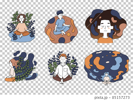 一組閉上眼睛,以瑜伽姿勢靜心冥想的人正念散線畫人物插畫 一組閉上眼睛,以瑜伽姿勢靜心冥想的人正念散線畫人物插畫 85157273