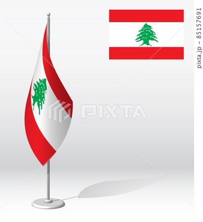 LEBANON flag on flagpole for registration of solemn event, meeting foreign guests. National independence day of LEBANON. Realistic 3D vector on white LEBANON flag on flagpole for registration of solemn event, meeting foreign guests. National independence day of LEBANON. Realistic 3D vector on white 85157691