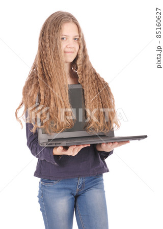 Smiling student teenage girl with laptop 85160627