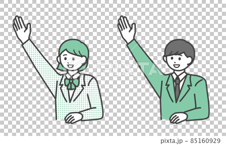 Illustration material set of male and female students raising one hand with a smile 85160929