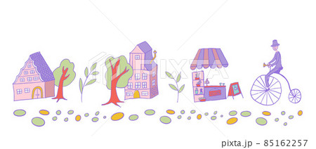 Set of buildings and vintage bike with gentleman in doodle style 85162257