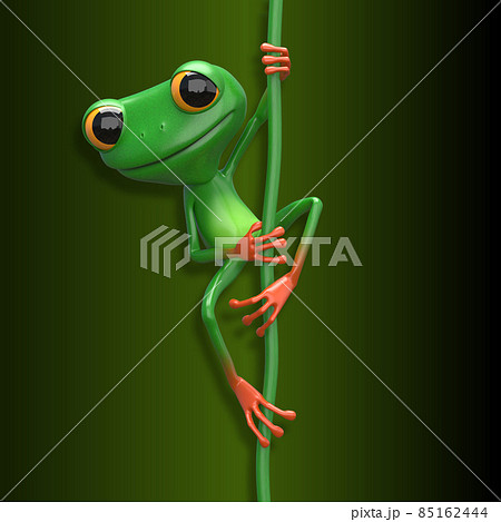 3D Illustration of a Green Frog on a Liana on a Green Background 85162444