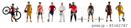 Collage of professional sportsmen standing in a line isolated over white background 85162787