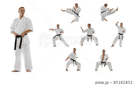 Collage of oung sportive man in white kimono practising, training martial arts, karate isolated over white background 85162852