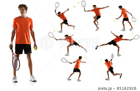 Collage of portraits of professional tennis player in orange unifrom training, playing isolated over white background Collage of portraits of professional tennis player in orange unifrom training, playing isolated over white background 85162926