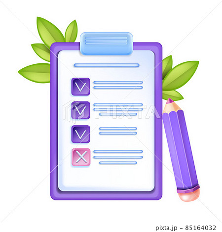 3D checklist icon, exam note form, vector clipboard document paper test illustration, checkbox  85164032