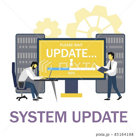 System administrators updating operation system. Software installation, computer system upgrade or maintenance, vector. 85164198