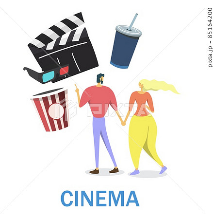 Happy couple going to cinema holding hands, flat vector illustration. Entertainment industry. Romantic date. 85164200