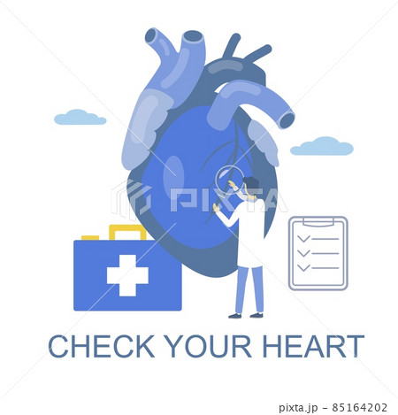 Heart checkup, flat vector illustration. Doctor cardiologist. Medicine and healthcare, cardiology. Heart checkup, flat vector illustration. Doctor cardiologist. Medicine and healthcare, cardiology. 85164202