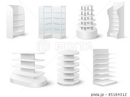 White empty showcase display mockup set, vector illustration. Retail display stand, rack, glass case, store shelves. White empty showcase display mockup set, vector illustration. Retail display stand, rack, glass case, store shelves. 85164312