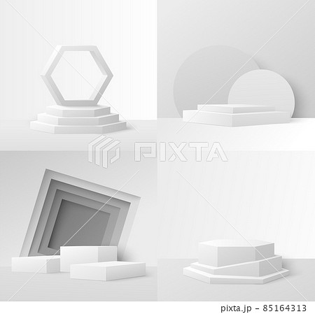 Product display podium mockup set, vector illustration. Realistic white stage, platform for exhibition, presentation. 85164313
