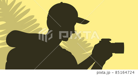 Hiking man with a backpack on the background of wildlife 85164724