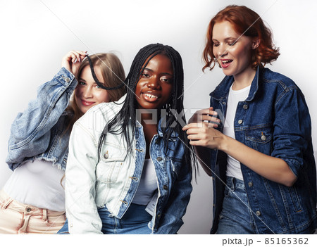 diverse multi nation girls group, teenage friends company cheerful having fun, happy smiling, cute posing isolated on white background, lifestyle people concept, african-american and caucasian 85165362