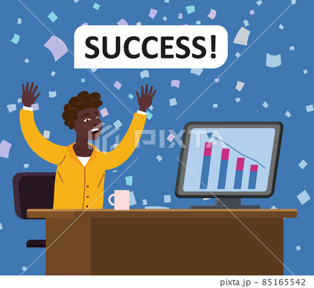 Businesswoman african successfull joiful happy, performance graphs growth are on the top of success. Profitable investment, stock market income on computer monitor. Millionaire banker, financier 85165542