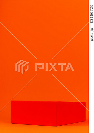 Minimal modern cosmetic product display geometrical podium demonstrating orange background. Empty pedestal shelf display Minimal modern cosmetic product display geometrical podium demonstrating orange background. Empty pedestal shelf display 85166729