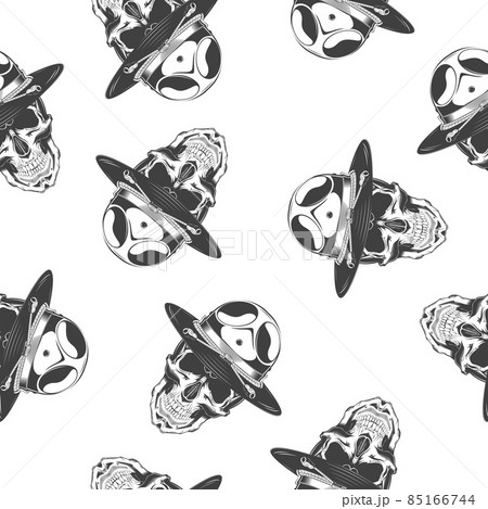 Seamless pattern of vintage monochrome detailed skull with police headdress. Vector illustration Seamless pattern of vintage monochrome detailed skull with police headdress. Vector illustration 85166744