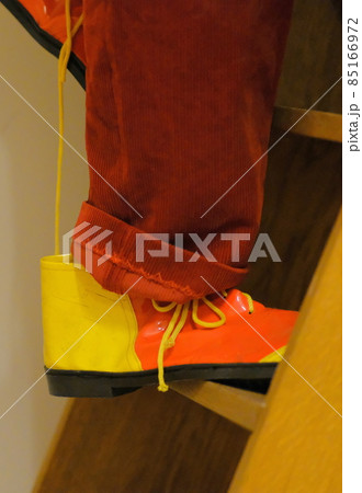 a clown in big clownshoes walking up a stairs 85166972