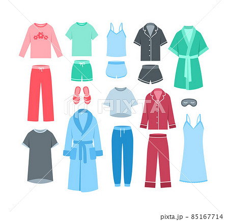 Women home clothes sleepwear. Flat vector illustration. Comfortable loungewear garments to wear in bed. Pants and shorts with shirts and tops, pajamas, bathrobes, nightdress, sweatpants and slippers 85167714