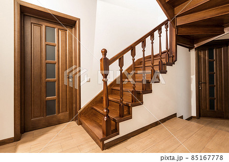 Modern brown oak wooden stairs and doors in new renovated house interior Modern brown oak wooden stairs and doors in new renovated house interior 85167778