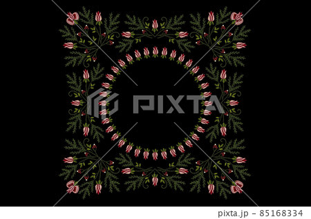 Pattern for embroidery of a square frame with corners of intertwining branches of red rose buds with conifers, berries and a round wreath of roses on a black background. Pattern for embroidery of a square frame with corners of intertwining branches of red rose buds with conifers, berries and a round wreath of roses on a black background. 85168334