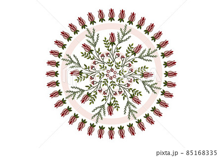 Pattern for embroidery of a circle of rosebuds and a bouquet of branches with red rosebuds, coniferous branches and berries in the center on a white background 85168335